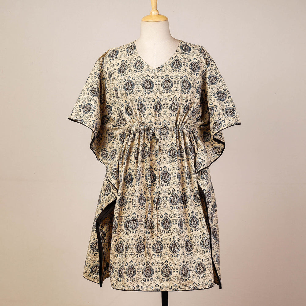 Beige - Kalamkari Block Printed Cotton Kaftan with Tie-Up Waist (Medium)