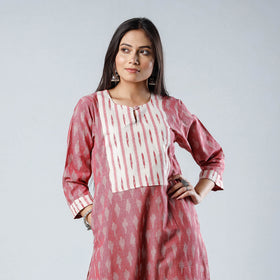Pink - Pochampally Ikat Weave Cotton Long Straight Kurta 06