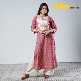 Pink - Pochampally Ikat Weave Cotton Long Straight Kurta 06