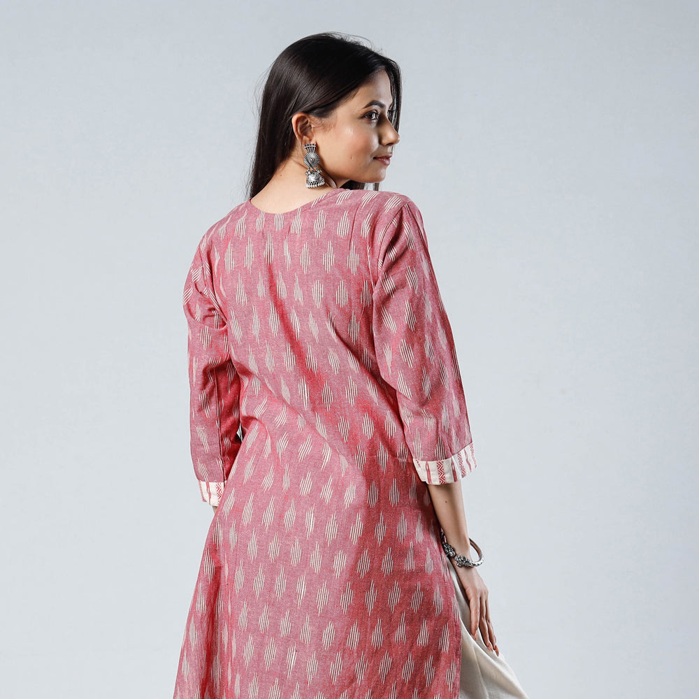 Pink - Pochampally Ikat Weave Cotton Long Straight Kurta 06