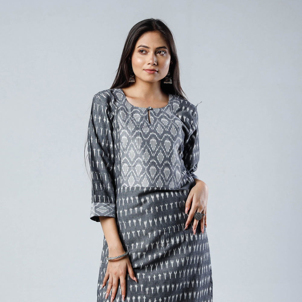 Grey - Pochampally Ikat Weave Cotton Long Kurta