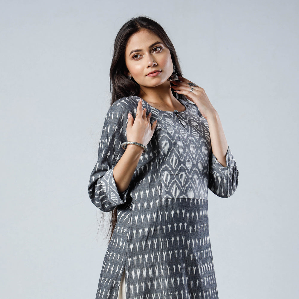 Grey - Pochampally Ikat Weave Cotton Long Kurta