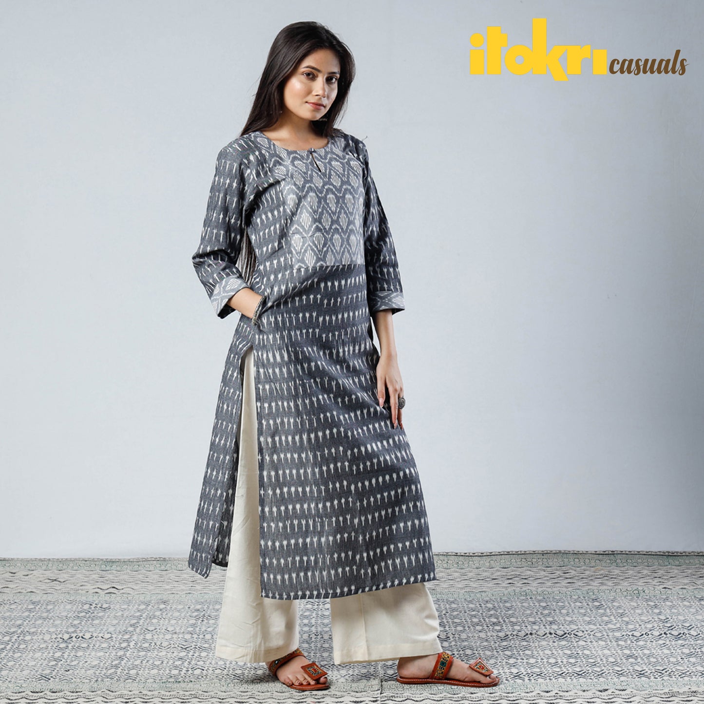 Grey - Pochampally Ikat Weave Cotton Long Kurta