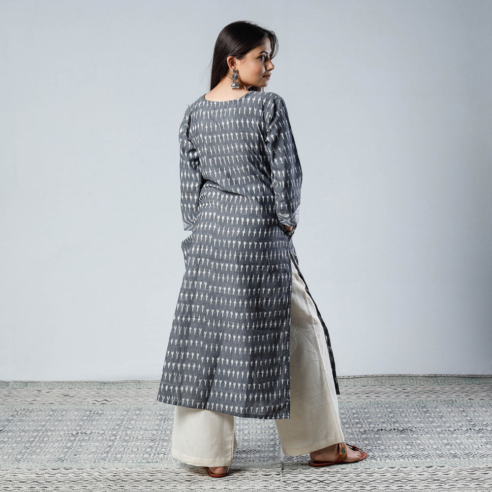 Grey - Pochampally Ikat Weave Cotton Long Kurta