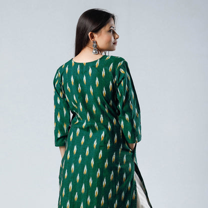 Green Yellow - Pochampally Ikat Weave Cotton Long Straight Kurta