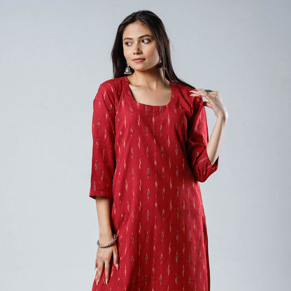 Red - Pochampally Ikat Weave Cotton Long Straight Kurta