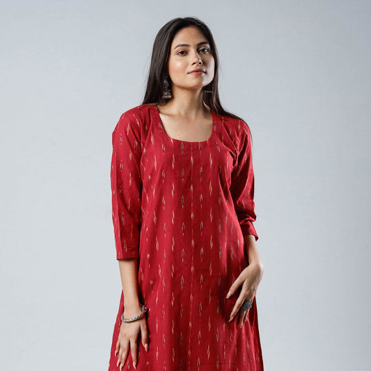 Red - Pochampally Ikat Weave Cotton Long Straight Kurta