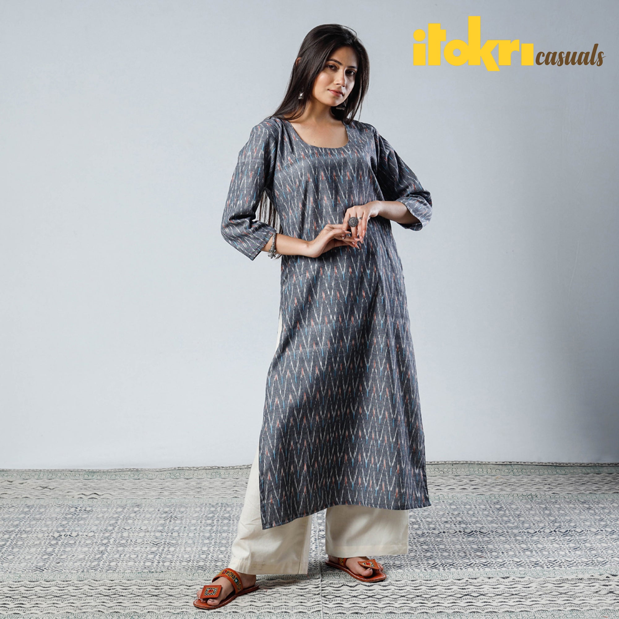 Buy  Pochampally Ikat Weave Cotton Long Straight Kurta Online at iTokri.com