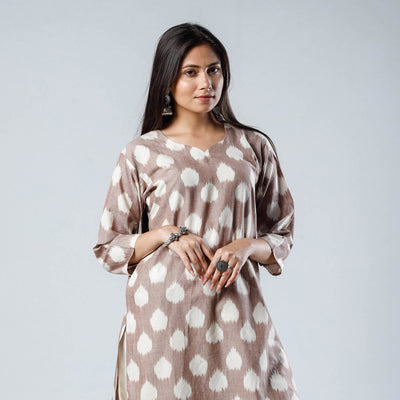 Light Brown Pochampally Ikat Weave Cotton Long Kurti