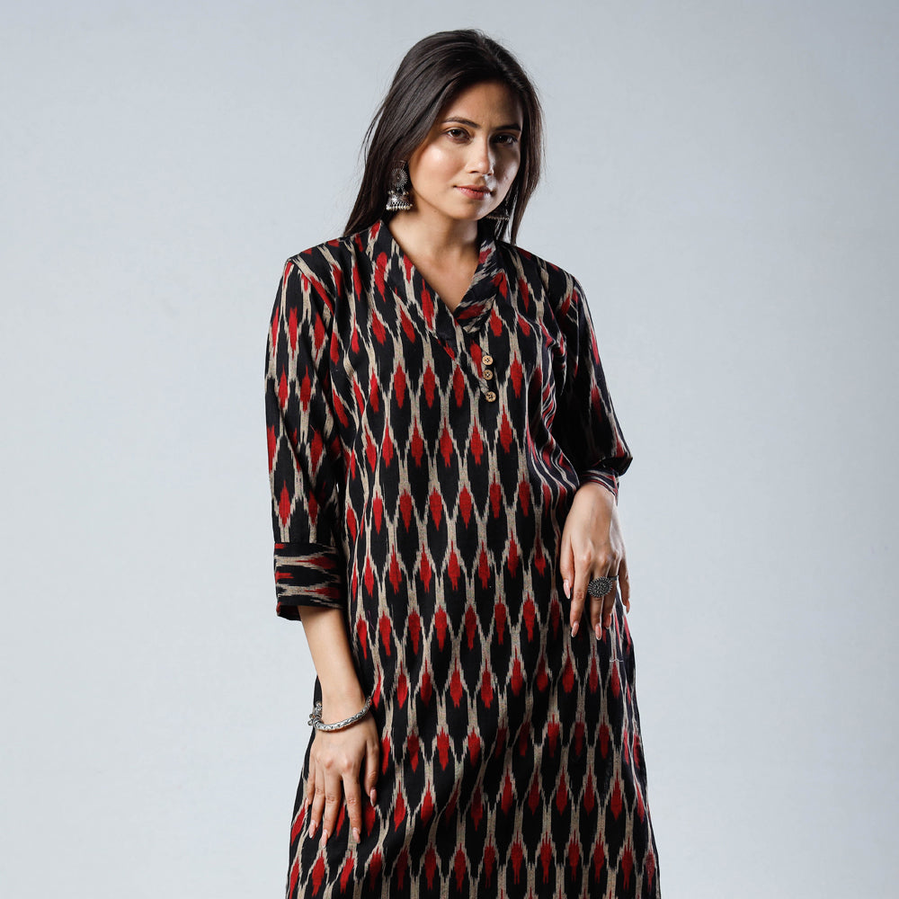 Multicolor - Black Red Pochampally Ikat Weave Cotton Long Kurta