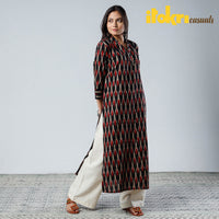 Multicolor - Black Red Pochampally Ikat Weave Cotton Long Kurta