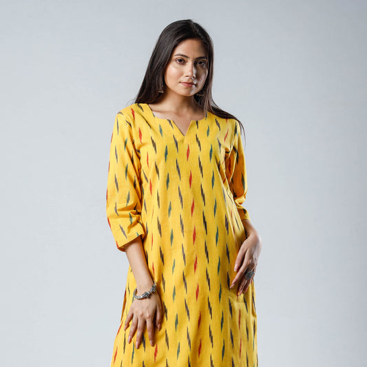 Yellow - Pochampally Ikat Weave Cotton Long Straight Kurta