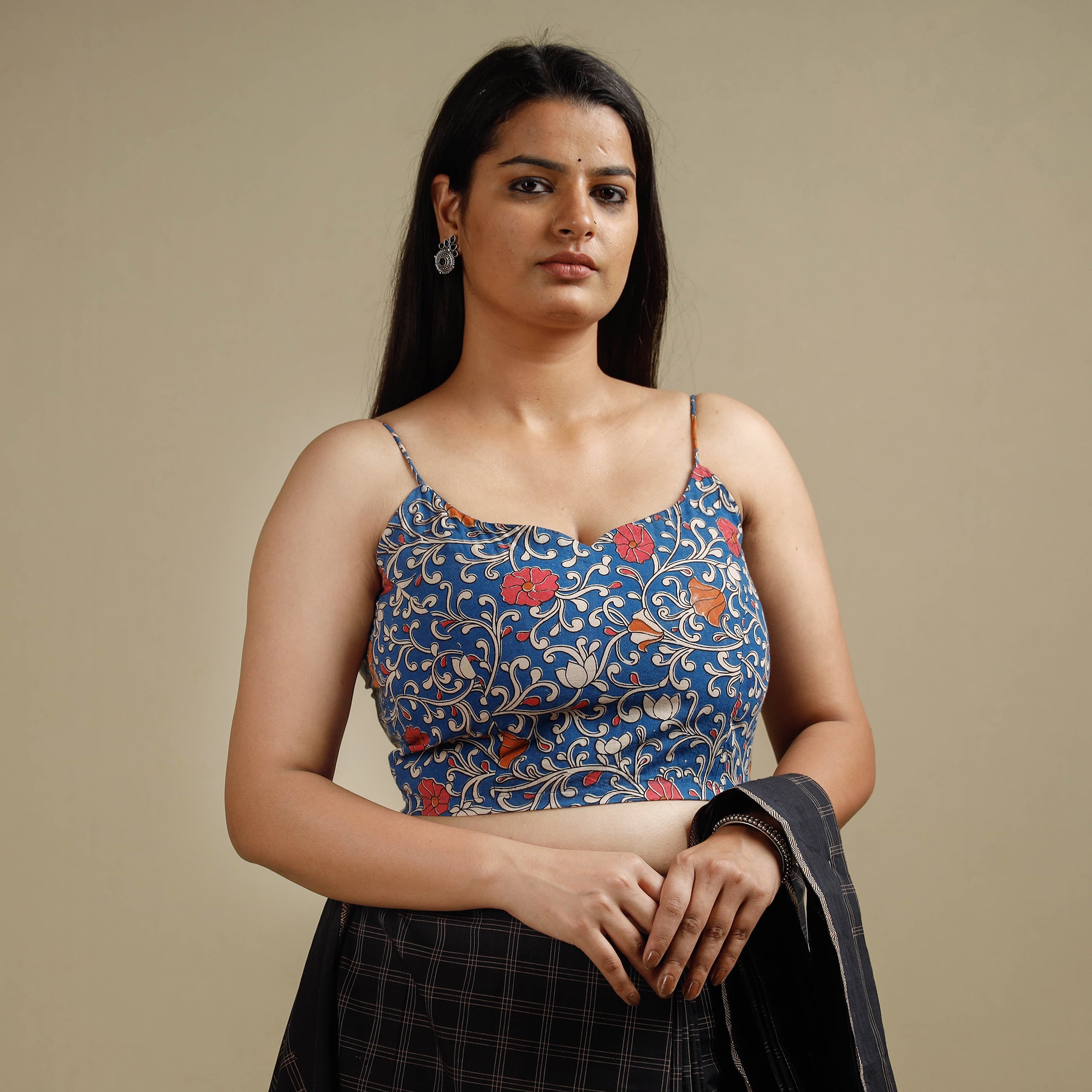 Blue - kalamkari printed cotton stitched blouse