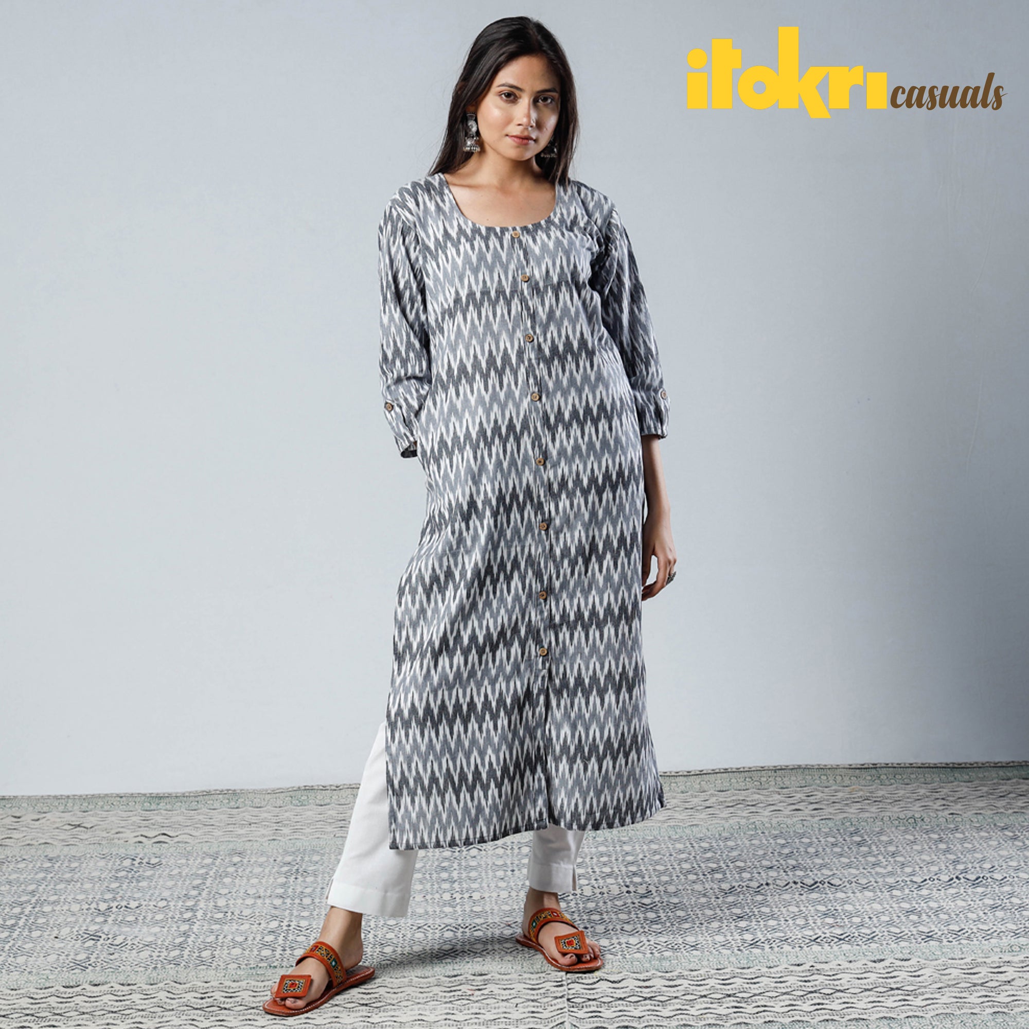 Buy iTokri Casuals - Ikat Weave Cotton Long Kurta Online at iTokri.com