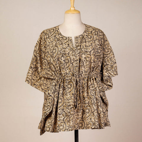 Beige - Kalamkari Block Printed Cotton Kaftan with Tie-Up Waist (Short)