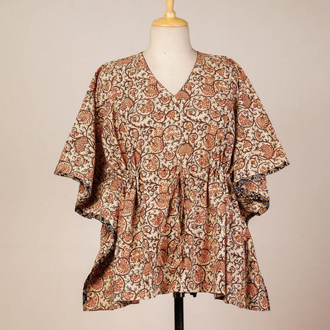 Beige - Kalamkari Block Printed Cotton Kaftan with Tie-Up Waist (Short)