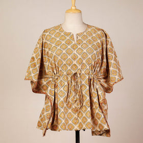 Beige Block Print Cotton Kalamkari Kaftan with Tie-Up Waist