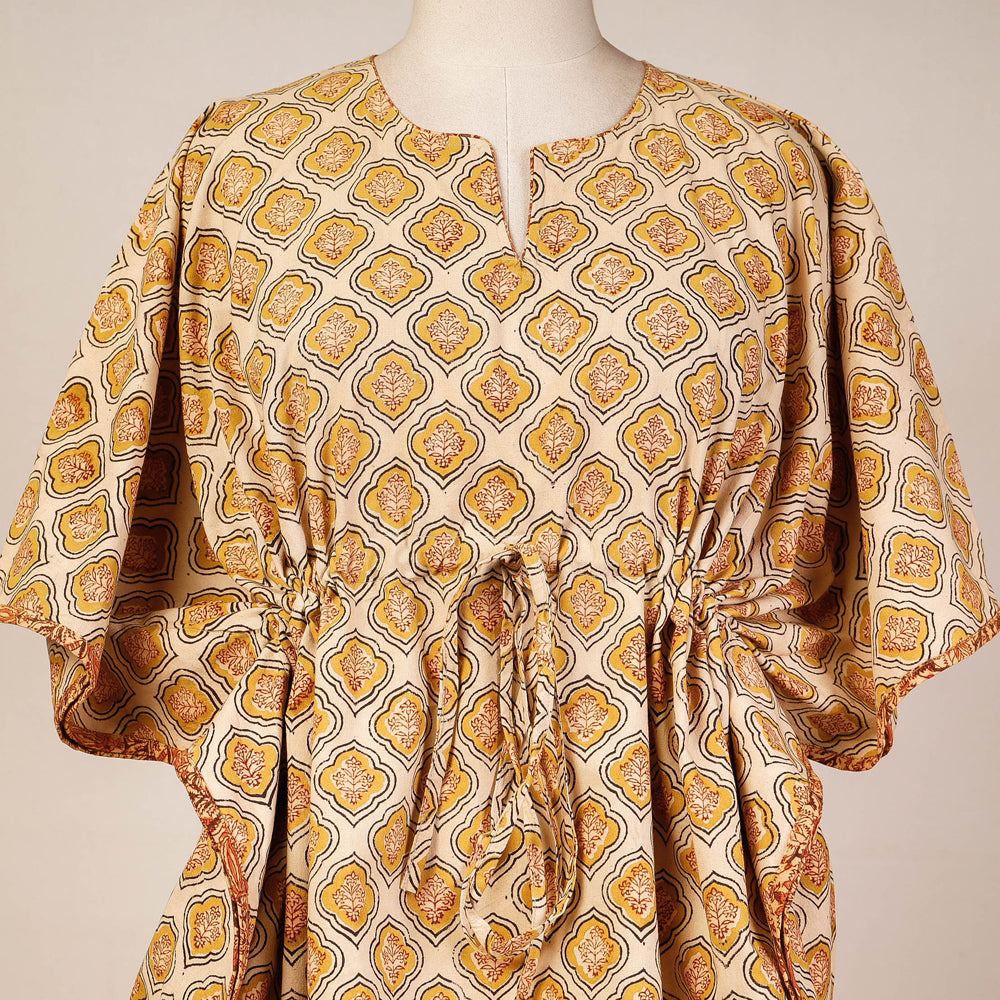Beige Block Print Cotton Kalamkari Kaftan with Tie-Up Waist