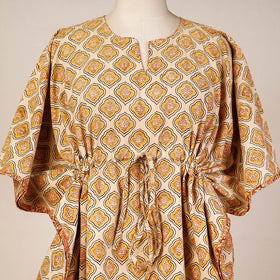 Beige Block Print Cotton Kalamkari Kaftan with Tie-Up Waist