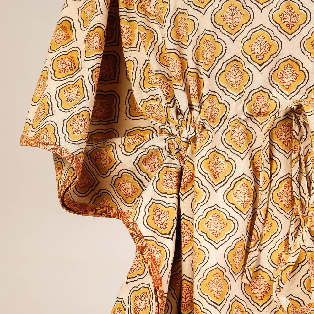 Beige Block Print Cotton Kalamkari Kaftan with Tie-Up Waist
