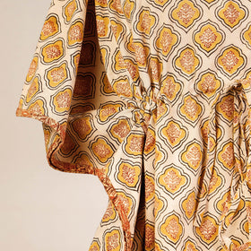 Beige Block Print Cotton Kalamkari Kaftan with Tie-Up Waist