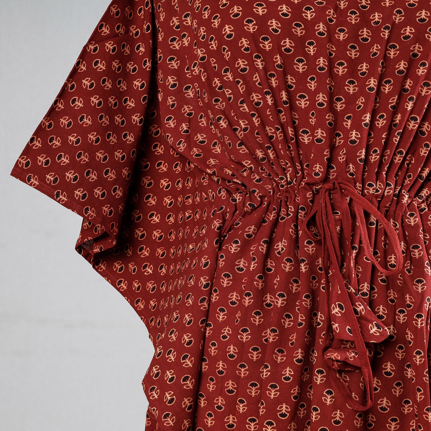 Red - Ajrakh Block Printed Cotton Kaftan with Tie-Up Waist (Medium)