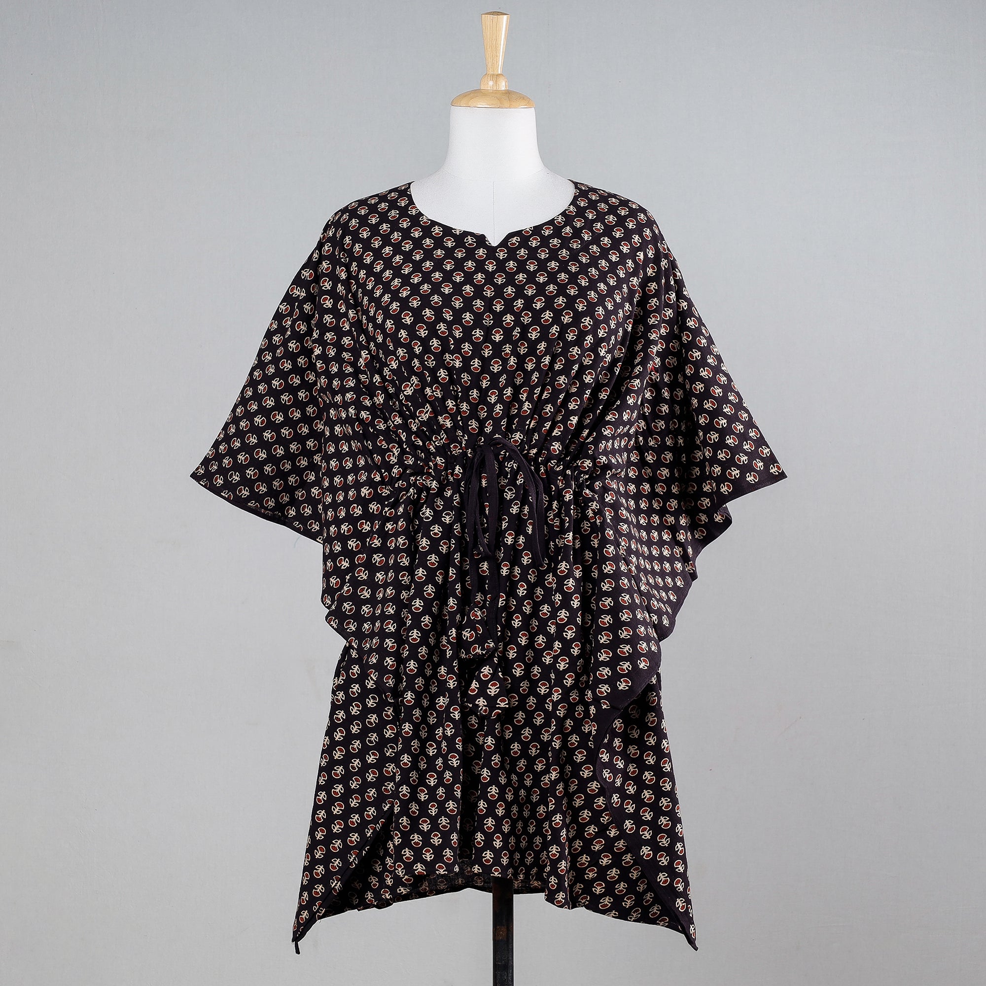 Black - Ajrakh Block Printing Cotton Kaftan with Tie-Up Waist (Medium)