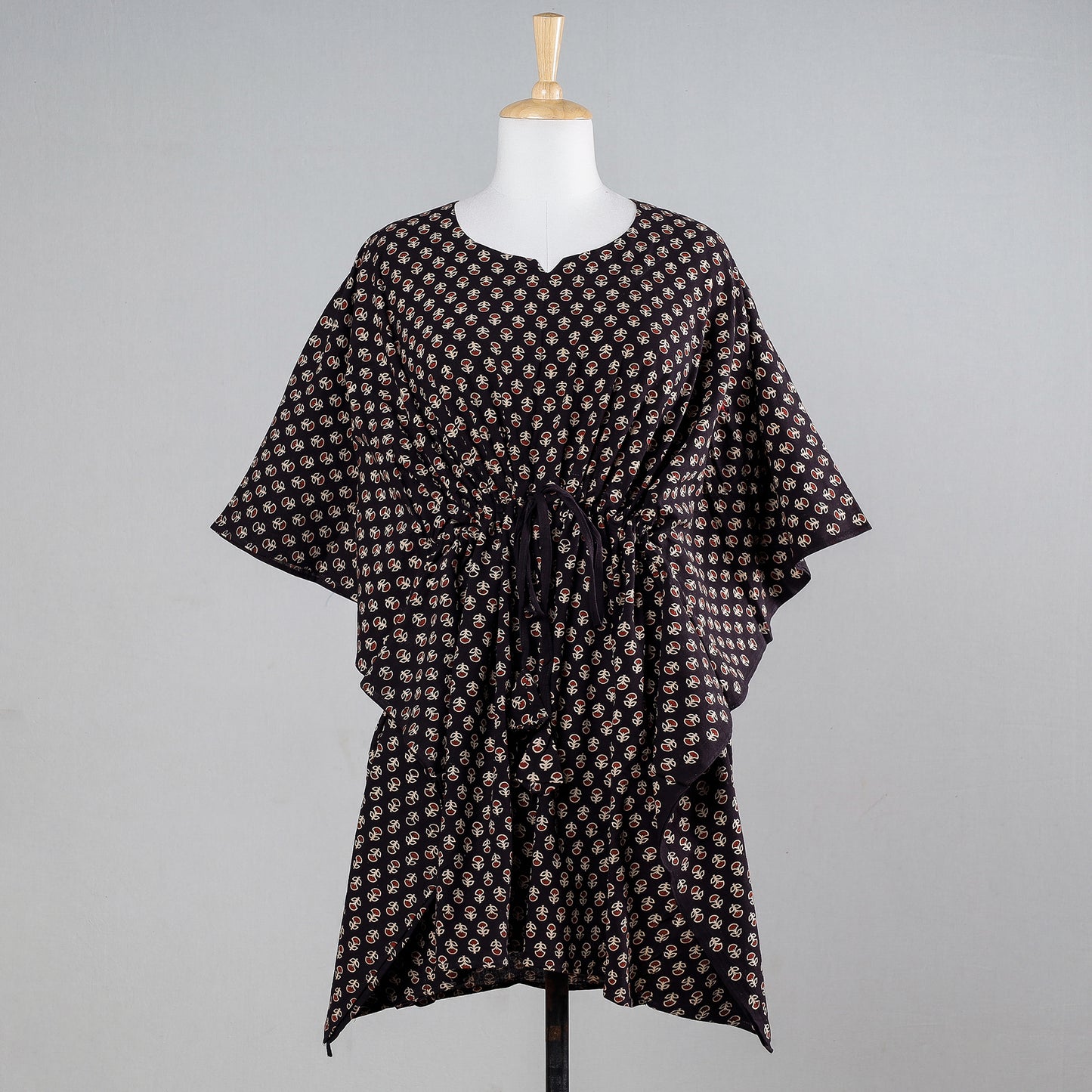 Black - Ajrakh Block Printing Cotton Kaftan with Tie-Up Waist (Medium)