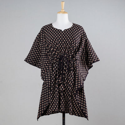 Black - Ajrakh Block Printing Cotton Kaftan with Tie-Up Waist (Medium)