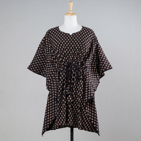 Black - Ajrakh Block Printing Cotton Kaftan with Tie-Up Waist (Medium)
