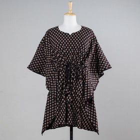 Black - Ajrakh Block Printing Cotton Kaftan with Tie-Up Waist (Medium)