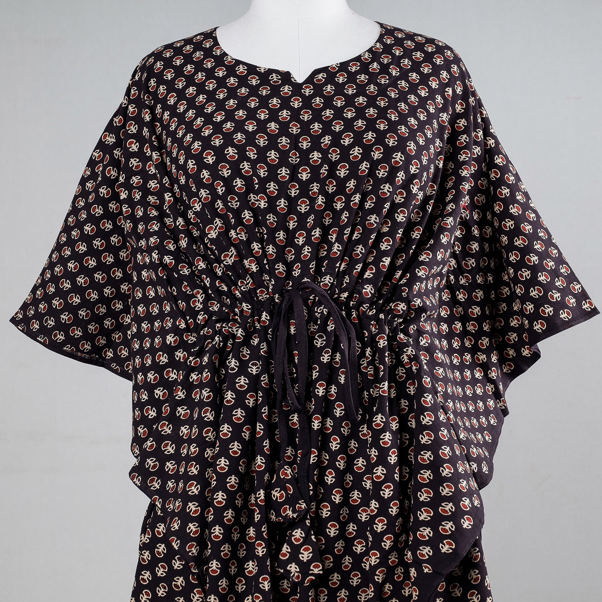 Black - Ajrakh Block Printing Cotton Kaftan with Tie-Up Waist (Medium)