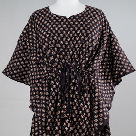 Black - Ajrakh Block Printing Cotton Kaftan with Tie-Up Waist (Medium)