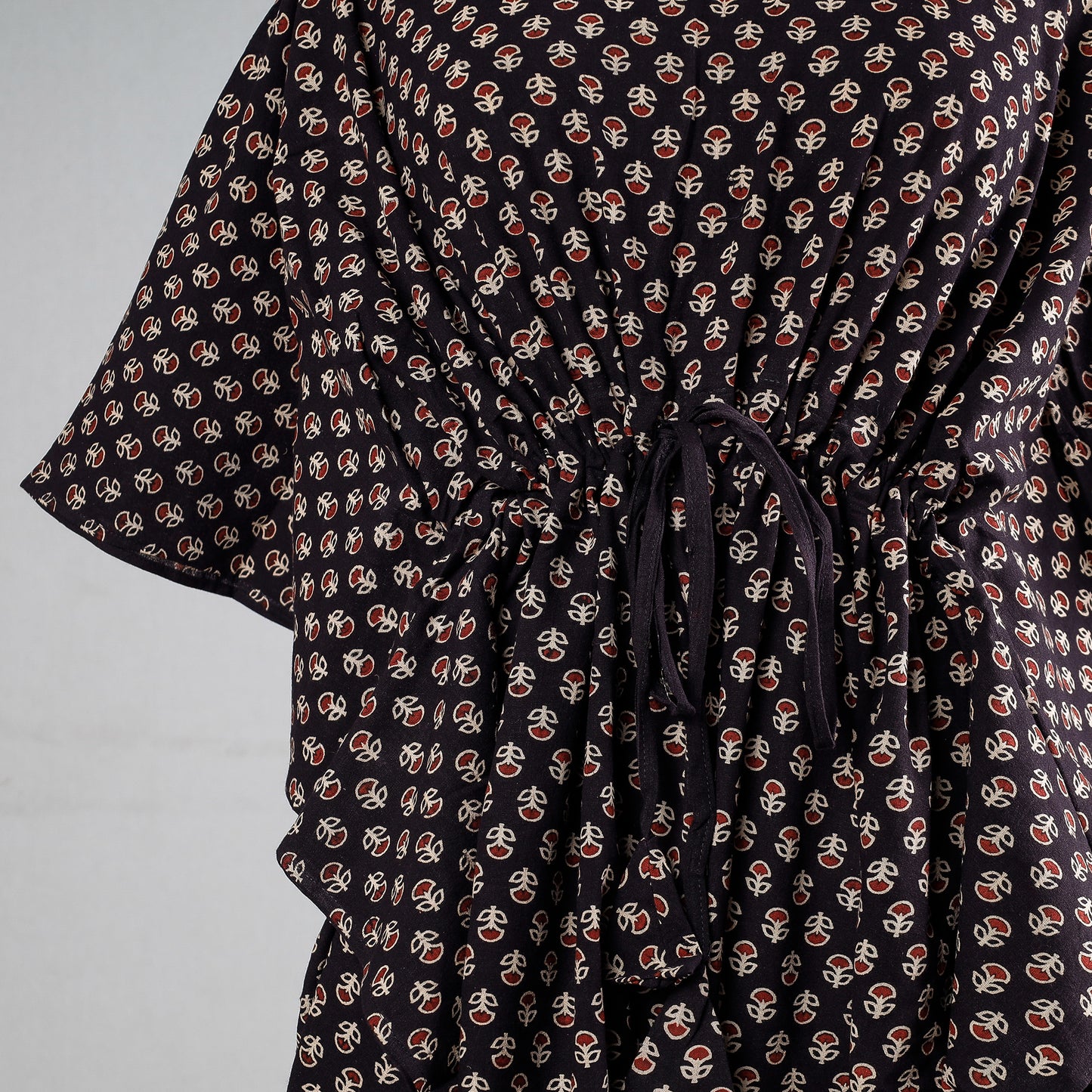 Black - Ajrakh Block Printing Cotton Kaftan with Tie-Up Waist (Medium)