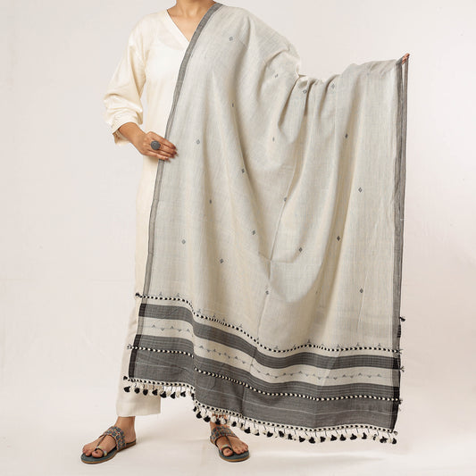 Grey - Kutch Bhujodi Weaving Handloom Cotton Dupatta