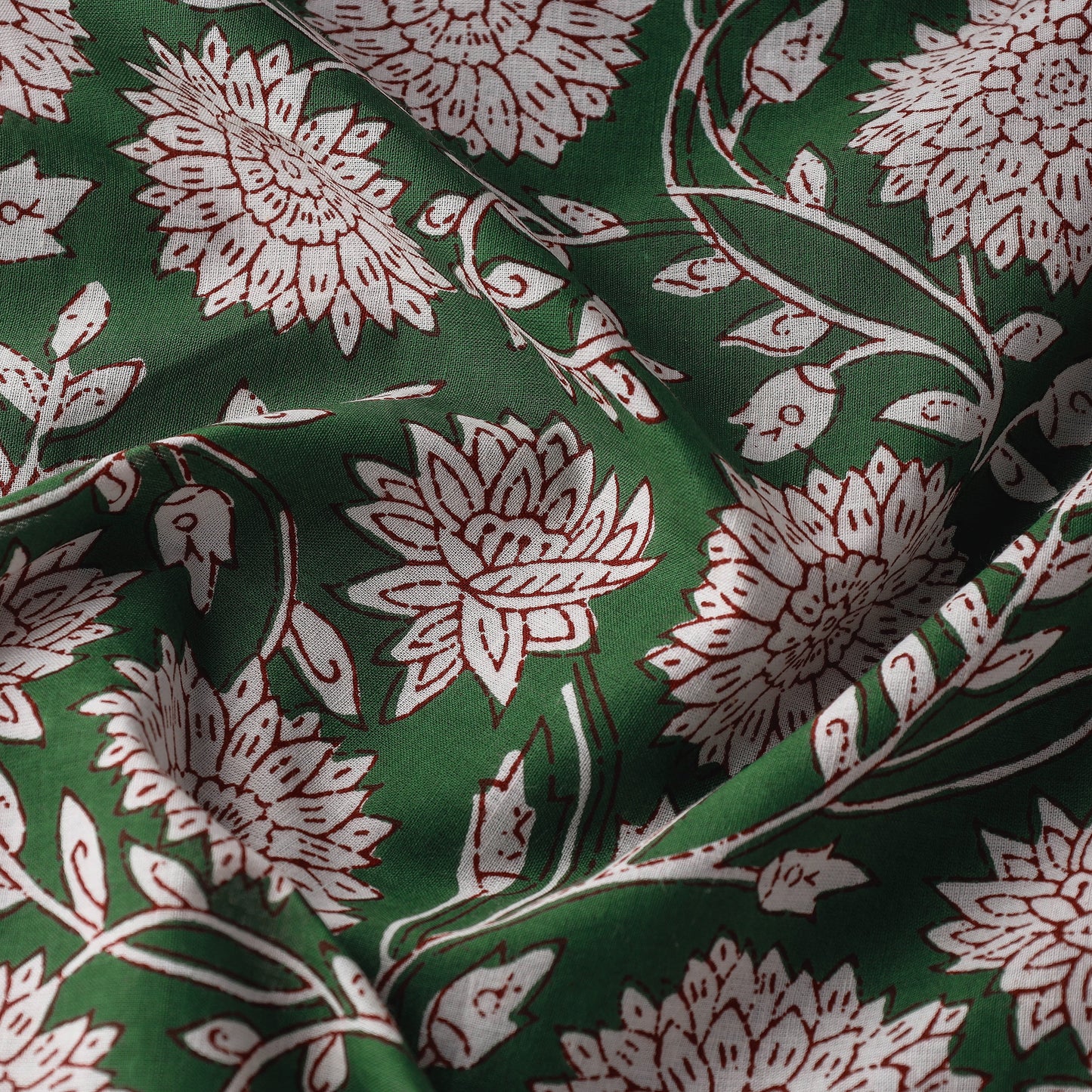 Green - Pure Cotton Sanganeri Block Print Fabric