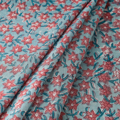Blue - Red Star Flower Butti Sanganeri Block Printing Cotton Fabric