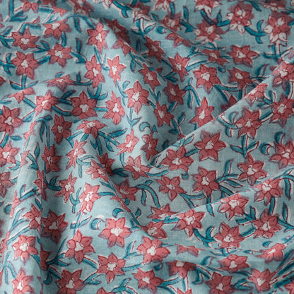 Blue - Red Star Flower Butti Sanganeri Block Printing Cotton Fabric