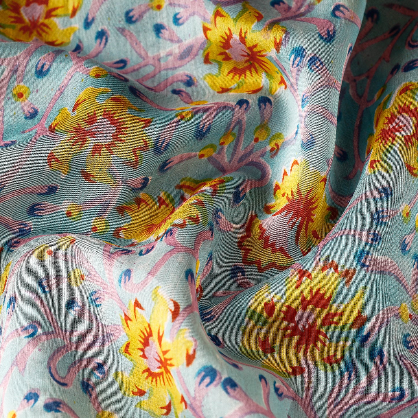 Multicolor - Yellow Blooms Sanganeri Block Printed Chanderi Silk Fabric