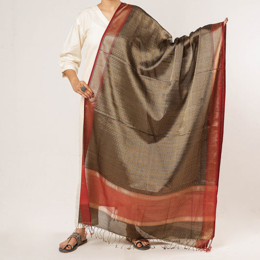 Brown - Traditional Maheshwari Silk Cotton Handloom Heavy Tissue Zari Work Dupatta