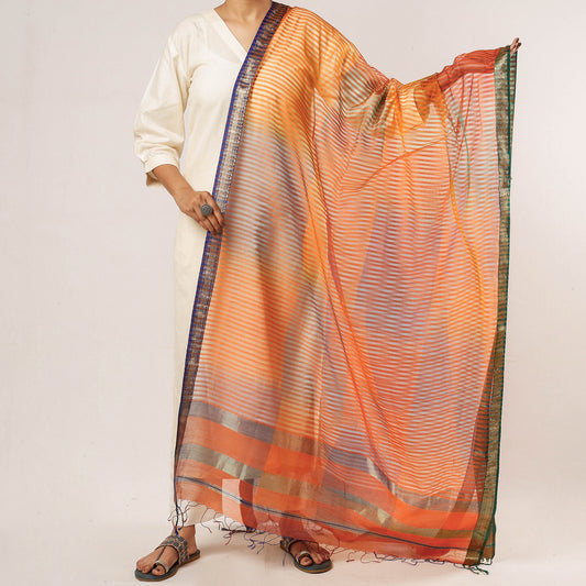 Orange - Traditional Maheshwari Silk Cotton Handloom Zari Border Multicolor Dupatta
