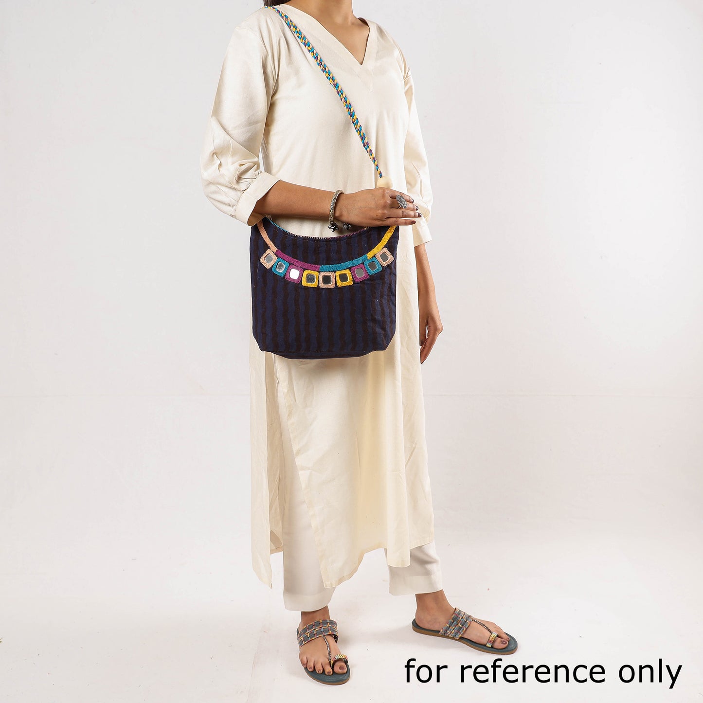 Blue - Lambani Mirror Work Hand Embroidery Cotton Shoulder Dori Bag