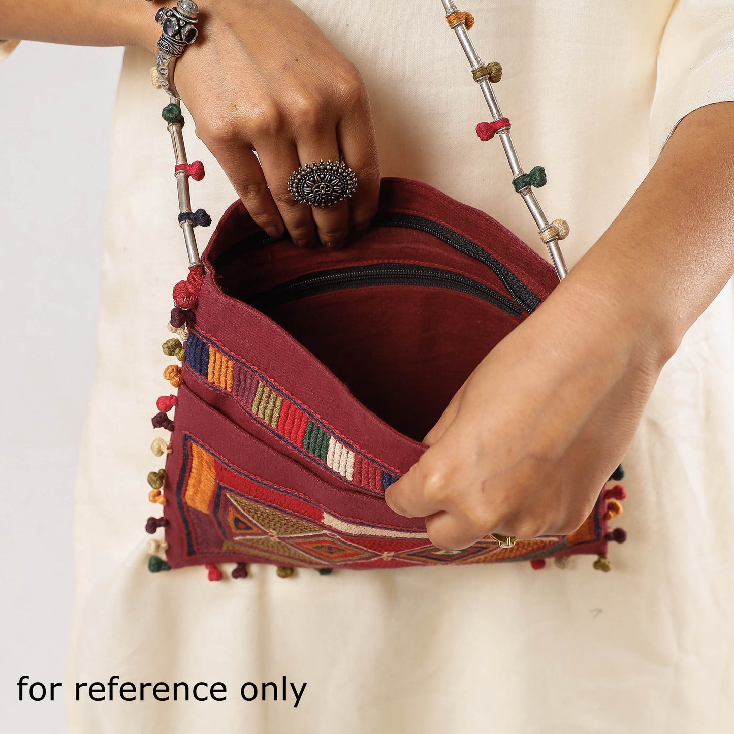 Red - Lambani Hand Embroidery Cotton Shoulder Bag