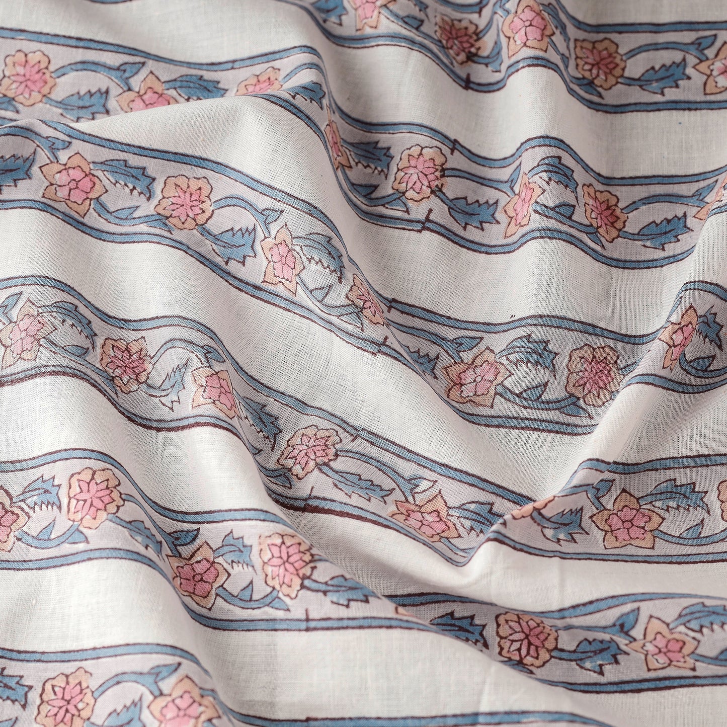 White Floral Striped Sanganeri Block Printed Cotton Fabric