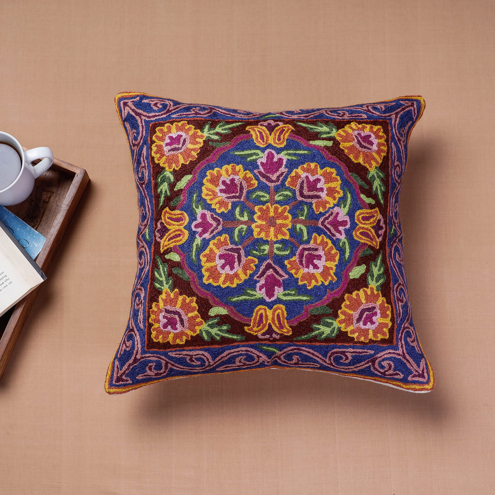 Blue - Original Chain Stitch Crewel Wool Thread Hand Embroidery Cushion Cover (16 x 16 in)