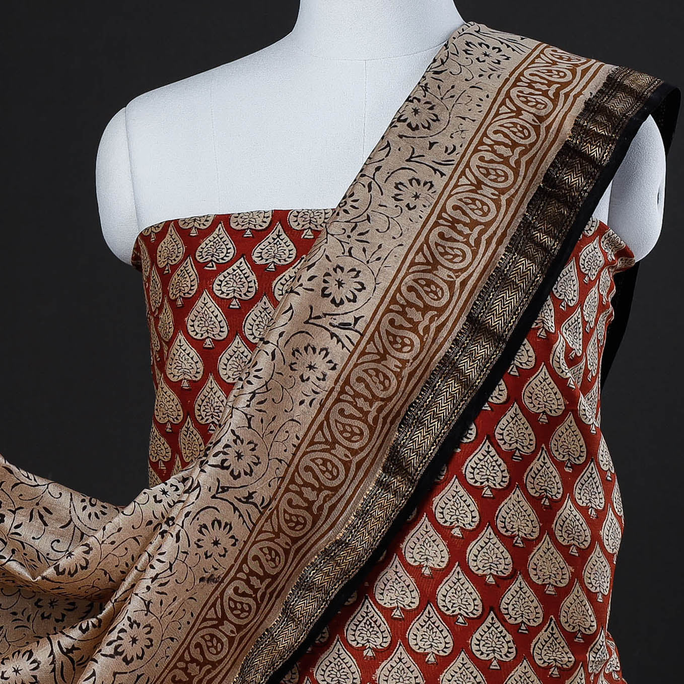Red - 3pc Bagru Block Printing Maheshwari Silk Suit Material Set