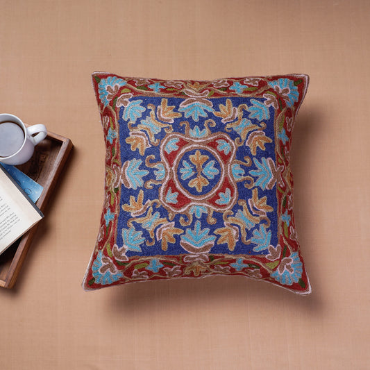 Blue - Original Chain Stitch Crewel Wool Thread Hand Embroidery Cushion Cover (16 x 16 in)
