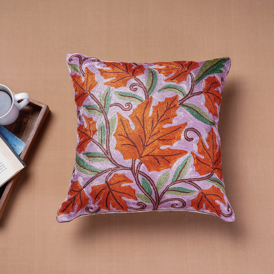 Purple - Original Chain Stitch Crewel Thread Hand Embroidery Silk Cushion Cover (15 x 15 in)