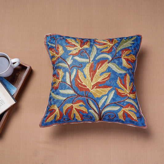 Blue - Original Chain Stitch Crewel Thread Hand Embroidery Silk Cushion Cover (15 x 15 in)