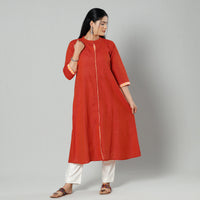 Red - Vermilion Plain Cotton Long Kurta